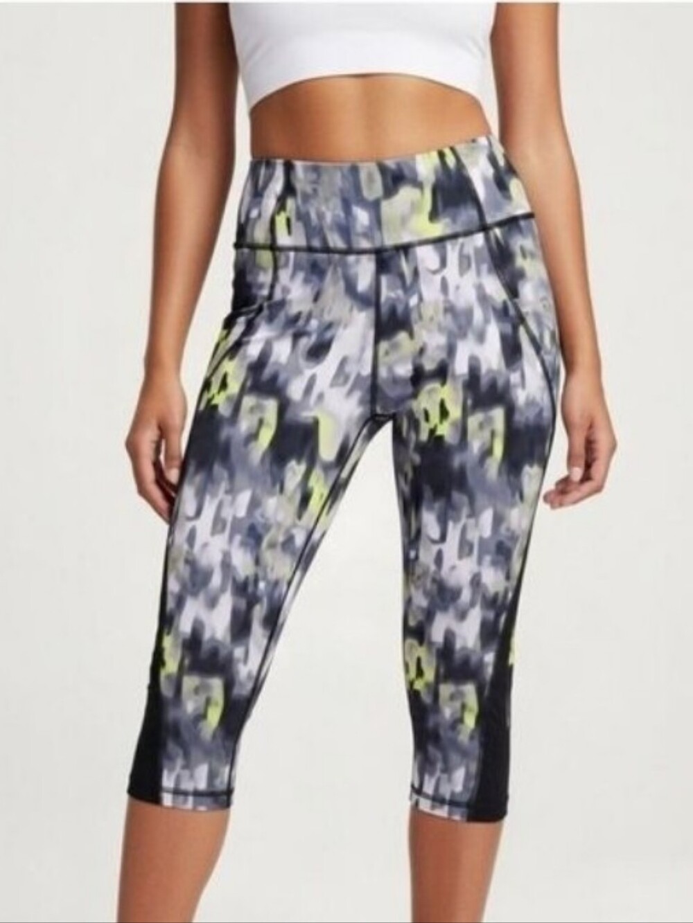 Zella Women's Abstract Print  Cropped Leggings - Gray and Neon Yellow